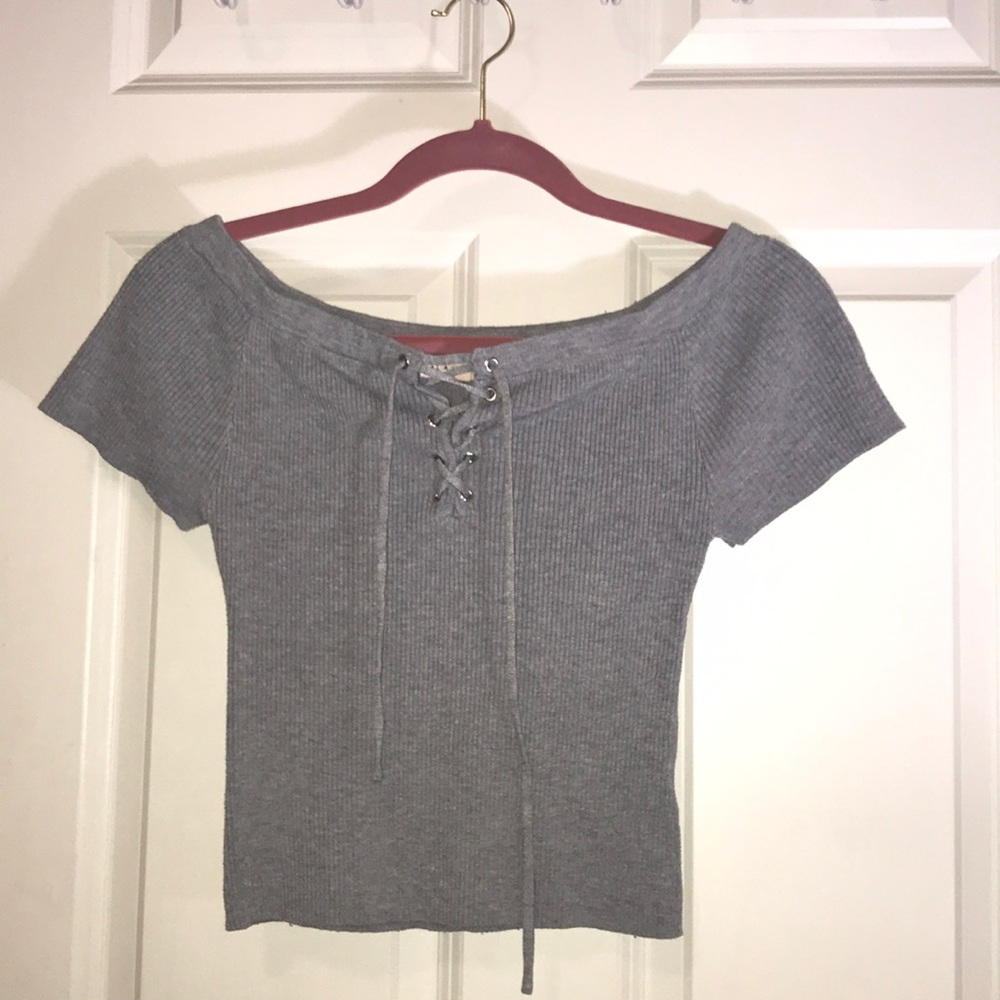 off the shoulder grey shirt